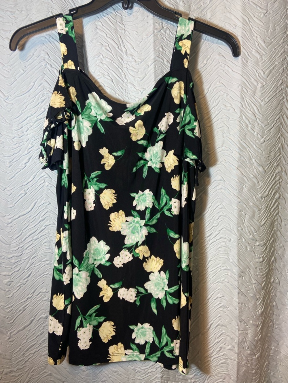 INC Floral Cold-Shoulder Top in Black with Green & Yellow Print
